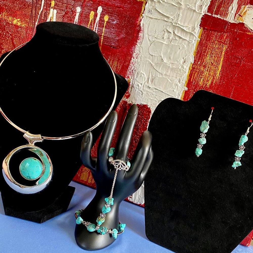 Chained Lotus flower jewelry set w Turquoise Stones & ring chain bracelet